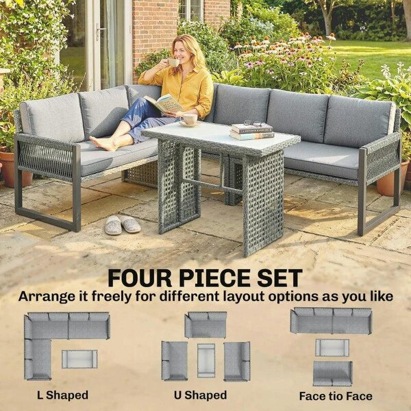 6 Seater Rattan Garden Furniture Set with 3 Loveseats, Table, Patio Rattan Furniture Corner Sofa Set, Grey