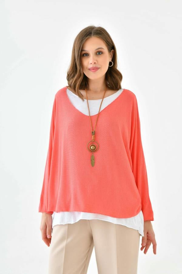 Hoxton Gal Oversized Long Sleeve Layered Blouse With Necklace in Coral and White
