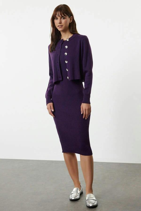 Hoxton Gal 2-Piece Midi Knit Basic Dress with Cardigan
