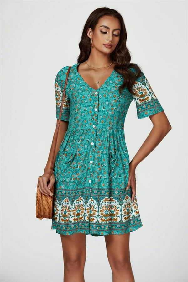 FS Collection Print Boho Mini Dress In Green