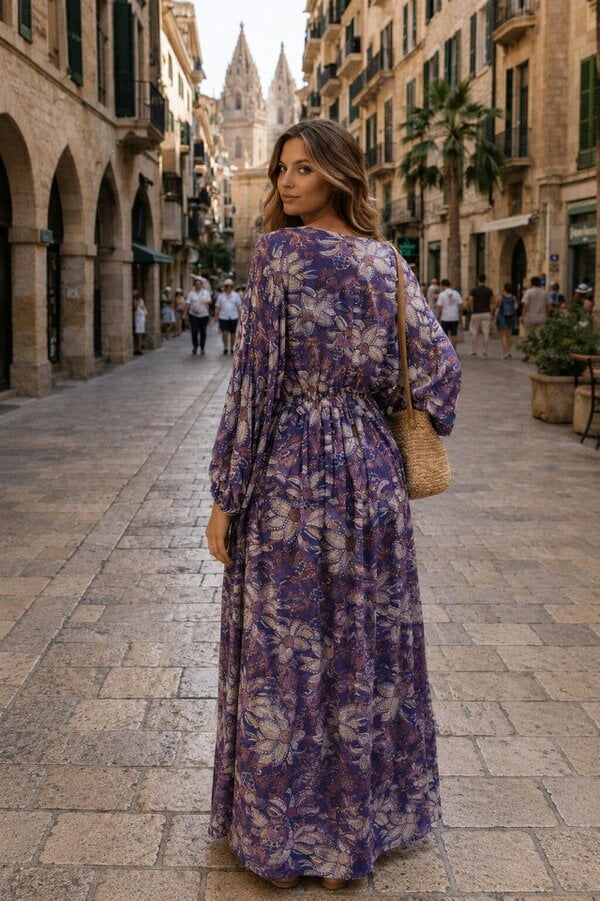 Caz Kaftan long in Lilac, leaf print with hand embellishment