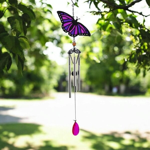EDH Door Hardware Suncatcher Purple Butterfly Wind Chime (58cm x 14cm x 6cm) – Handmade Metal & Glass Hanging Chime – Outdoor Garden Ornament