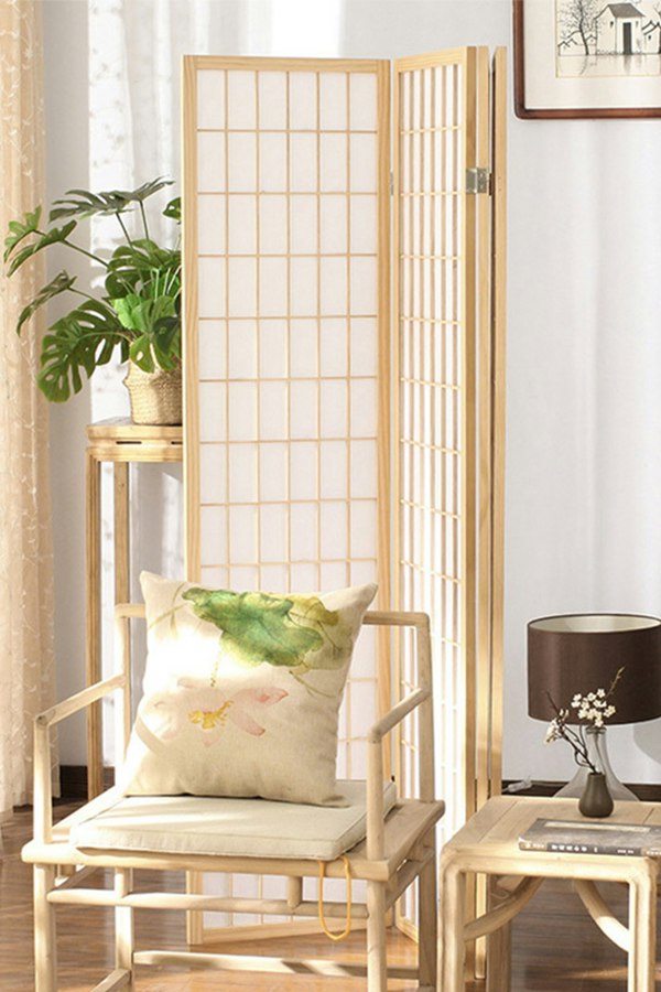Living and Home 4-Panel Natural Solid Wood Folding Room Divider Screen