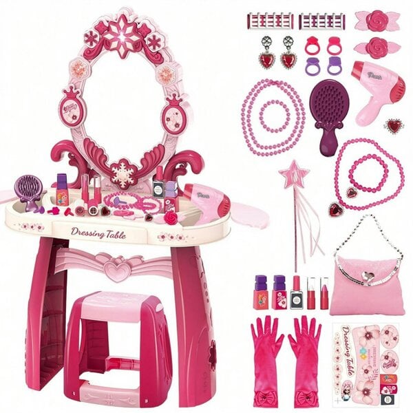 deAO Toys Childrens Dressing Table Play Set Vanity Table with Chair, Jewellery Stand, Brushes & Accessories Portable Carrycase