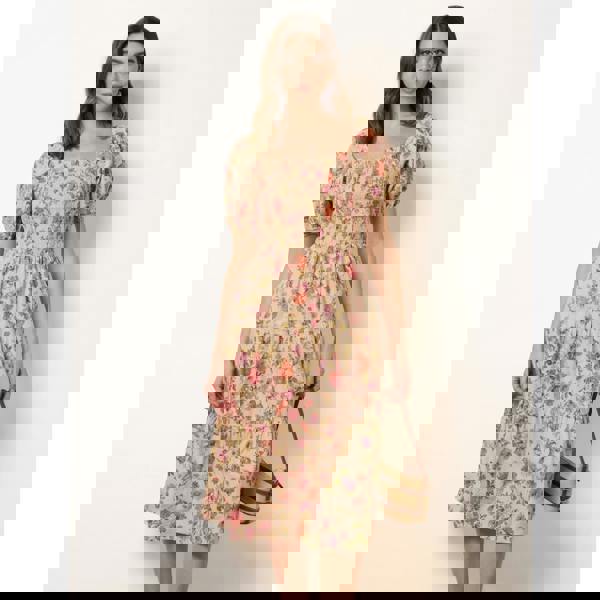 Blue Vanilla Milkmaid Floral Puff Sleeve Shirred Midi Dress