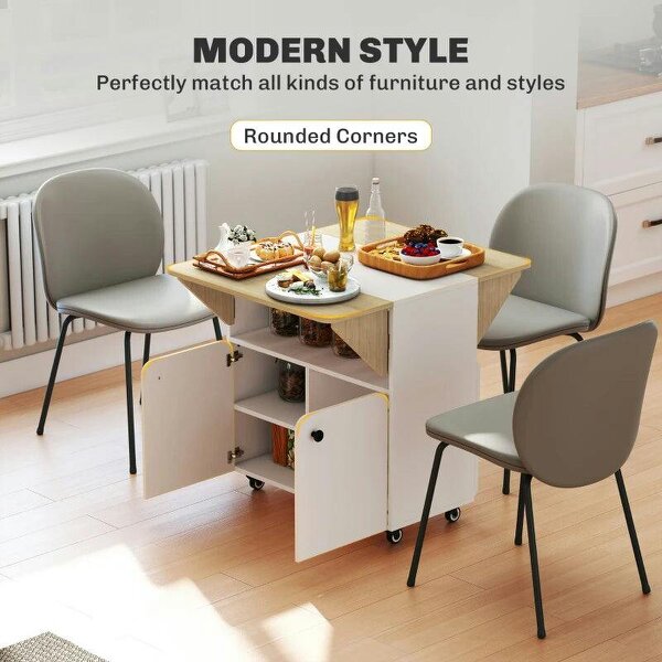 Folding Dining Table, Rolling Drop Leaf Table with Hidden Shelf & Cabinet for Dining Room, Small Spaces, White