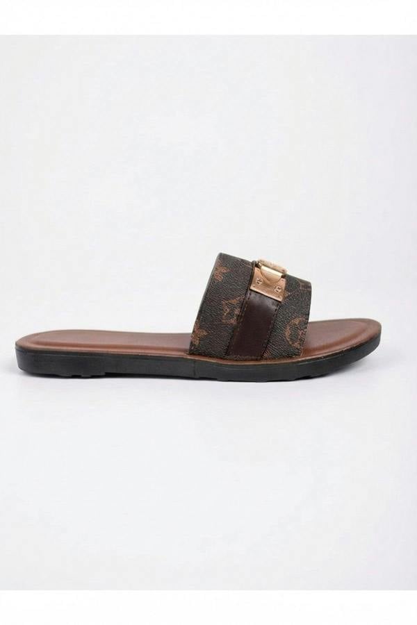 Amber Patterned Slider Sandals - Brown_wb
