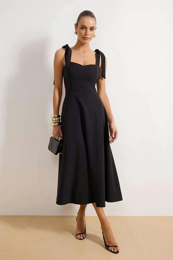 WOVCOR Tie Strap Midi Dress with Sweetheart Neckline