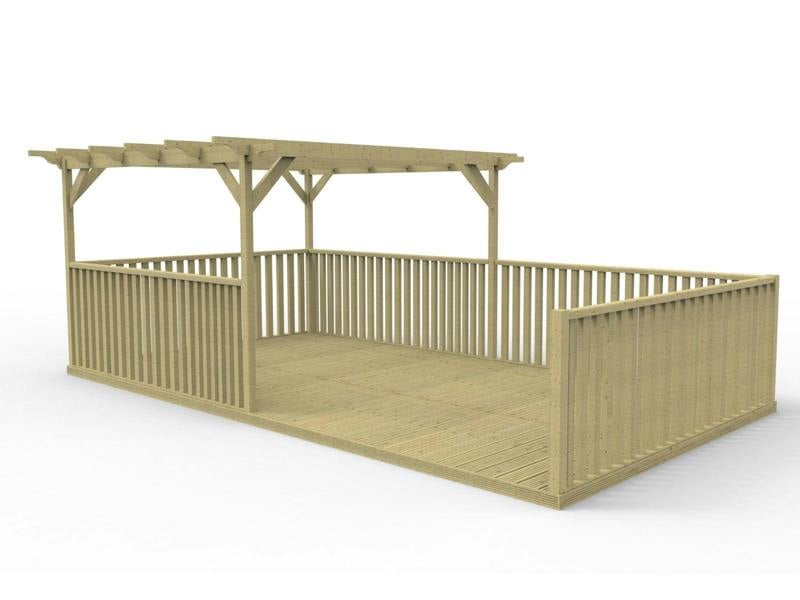 Rectangular pergola and decking kit with balustrade, made from pressure treated timber and high quality pergola posts, featuring a raised wooden deck, vertical slatted balustrade, and an open pergola roof frame.