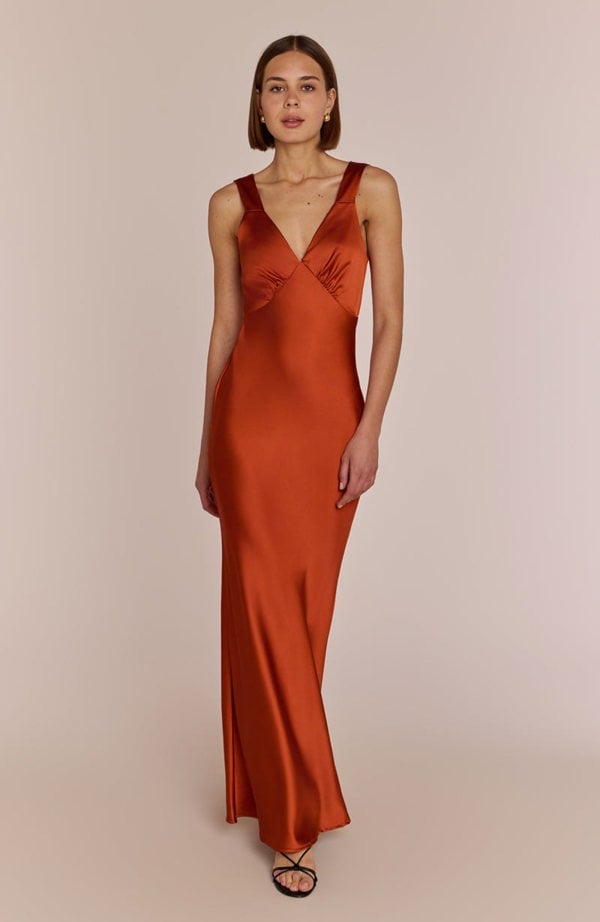 Rewritten London Amelia Dress in Burnt Orange Satin