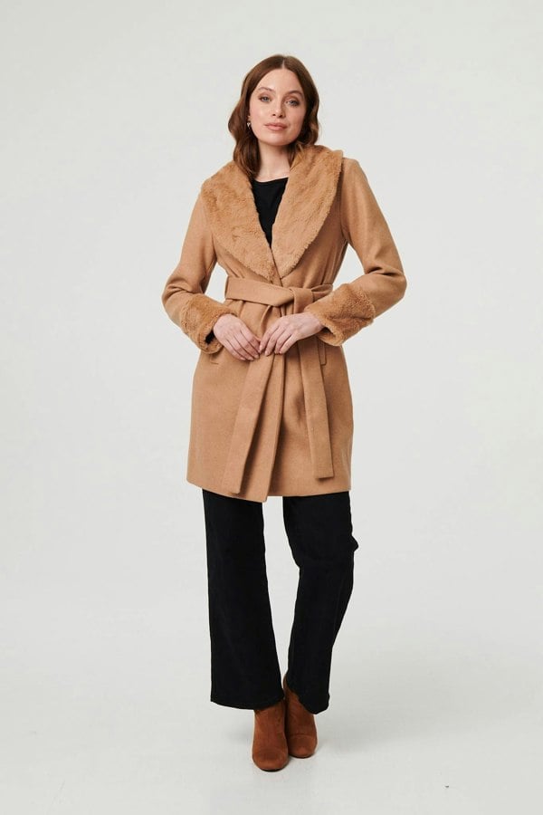Beige | Faux Fur Trim Tie Waist Longline Coat
