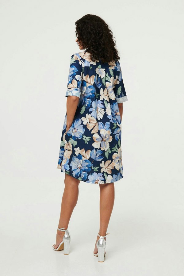 Navy | Floral Oversized Knee Length Shirt Dress

