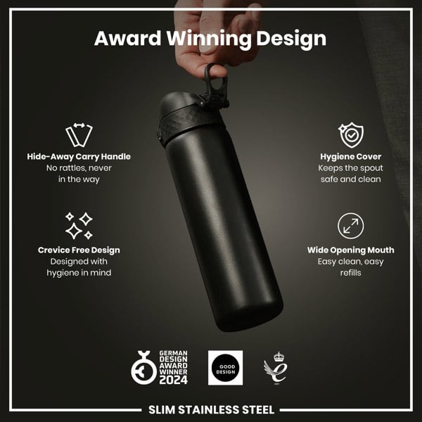 A hand holds a black, slim stainless steel water bottle. Its features include a hide-away handle, hygiene cover, and wide mouth. The bottle is an award-winning design.