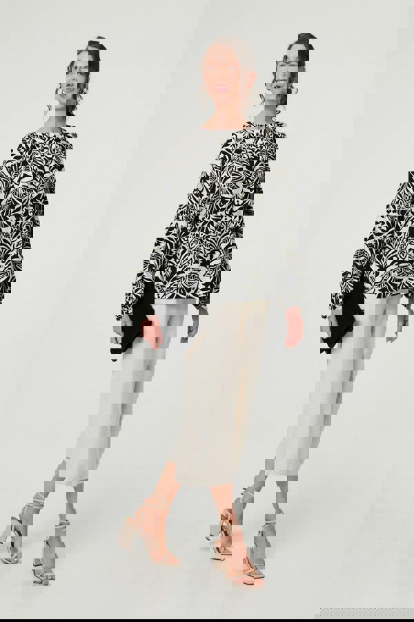 Black | Printed Long Sleeve Button Front Blouse
