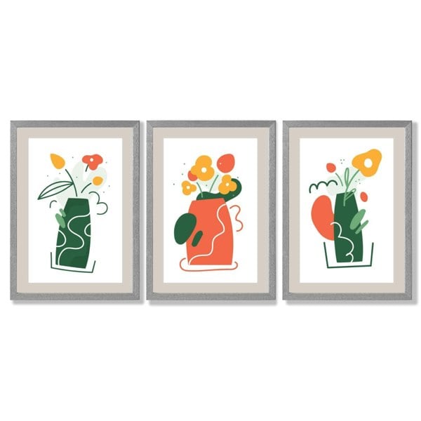 Boho Minimal Floral Green Orange Set of 3 Framed Art Prints with Light Grey Wooden Frames
