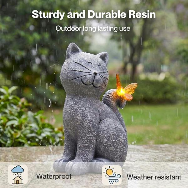 Emitto Cat Garden Ornaments Outdoor Resin Gray Orange Solar LED Decor