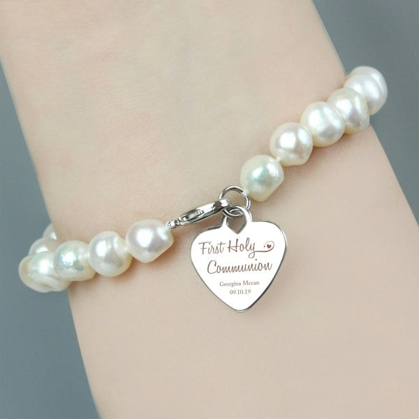 Personalised Memento Company Personalised First Holy Communion Swirls & Hearts White Freshwater Pearl Bracelet