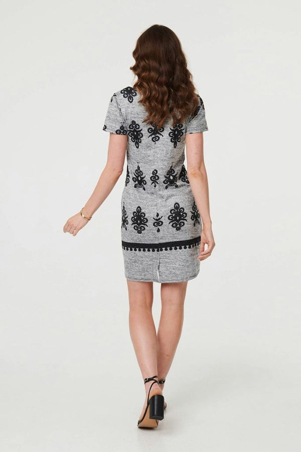Grey | Printed Cap Sleeve Slim Short Dress
