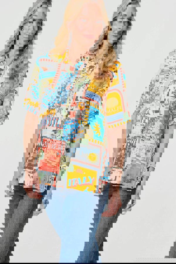 Orange | Printed Short Sleeve Curve Hem Shirt
