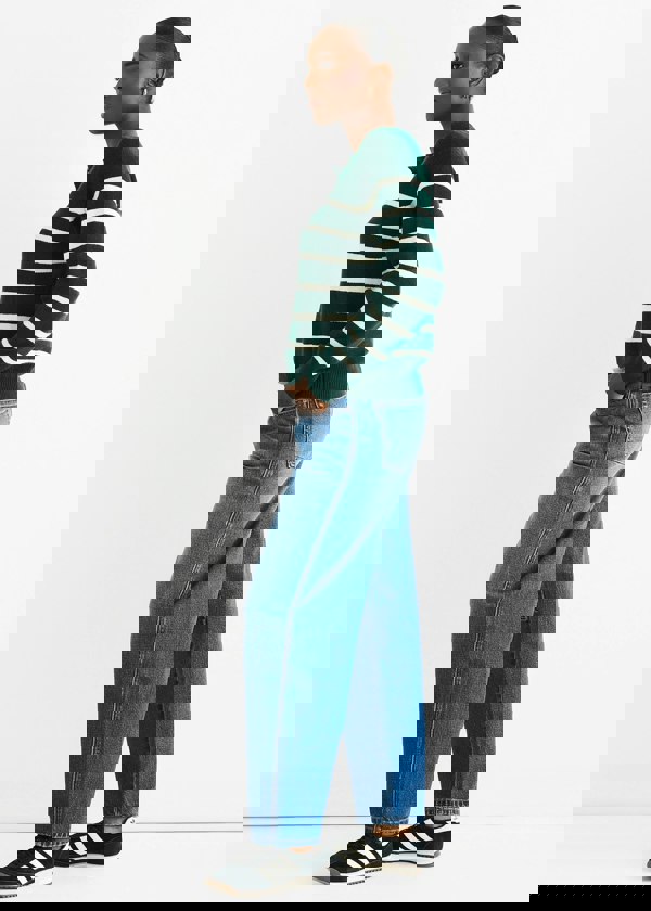 Gini London Green Recycle Stripe Button Up Loose Fit Knit Jumper