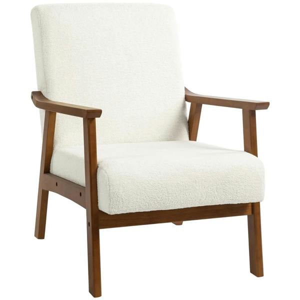 White boucle mid-century accent chair with curved back, wooden armrests, and legs