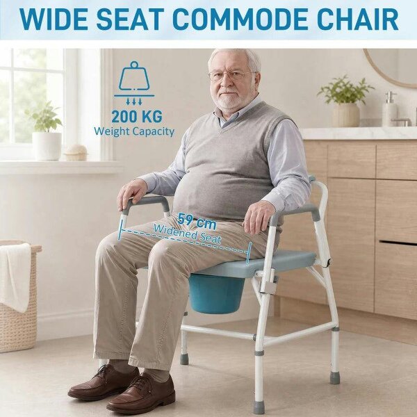 Height Adjustable Bedside Commode, Heavy Duty Commode Toilet Chair with Flip-Up Arms, White and Grey