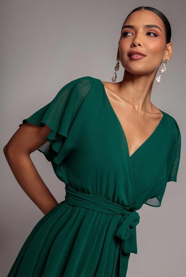 Chiffon Flutter Sleeve Wrap Midi Dress - Dark Green DR2555B