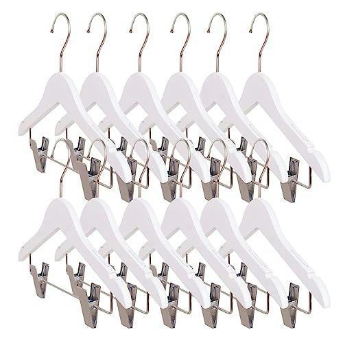 HYGRAD BUILT TO SURVIVE 12 Children's White Wooden Coat Hangers Baby Toddler Clothes 360 Swivel Hook With Clips Kids Clothes Anti Slip