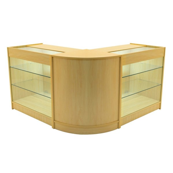 Maple Helios LED shop counter set featuring a sleek, curved design with glass shelves, ideal for retail display and organization