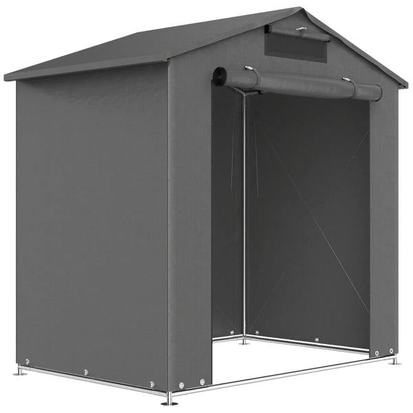 Dark grey waterproof outdoor storage shed tent with roll-up door and roof vent