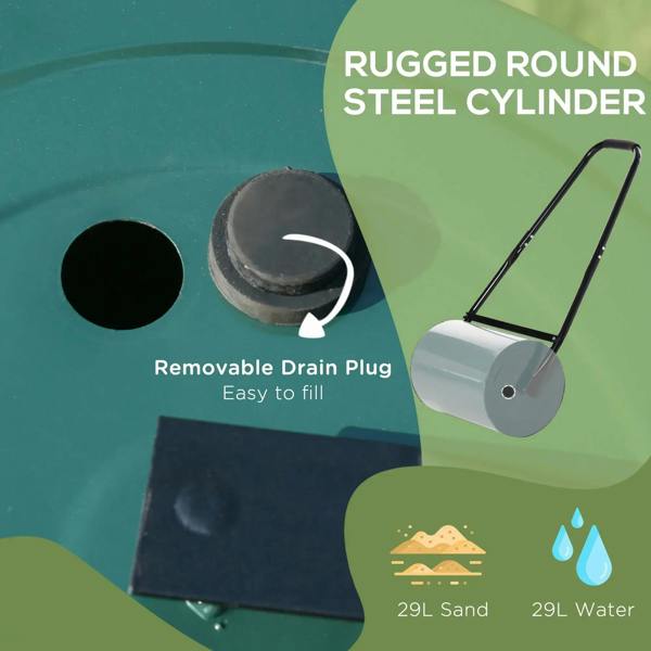 Rugged round steel lawn roller drum with removable drain plug cap