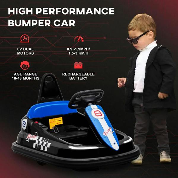 Kids electric bumper car in black and blue with steering wheel and front bumper