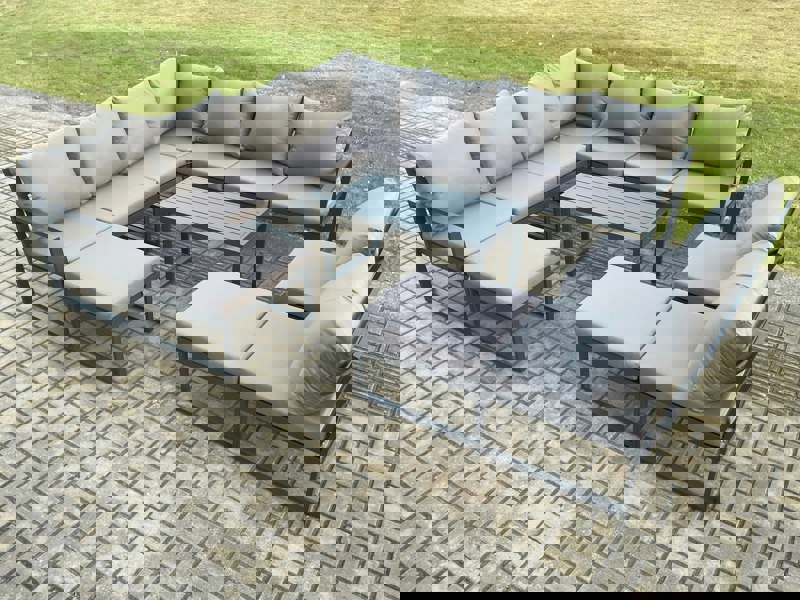 Fimous Aluminium 11 Seater Patio Outdoor Garden Furniture Lounge Corner Sofa Set with Oblong Coffee Table with 2 Big Footstools Dark Grey