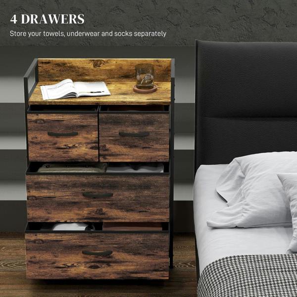 Rustic 4-drawer fabric chest with open top storage and brown drawer fronts, black frame