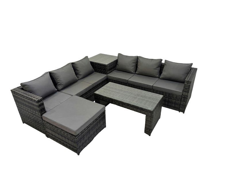 Fimous Garden Rattan Outdoor Furniture Set 7 Seater Patio Corner Sofa Oblong Coffee Table with Big Stool Side Table Dark Grey