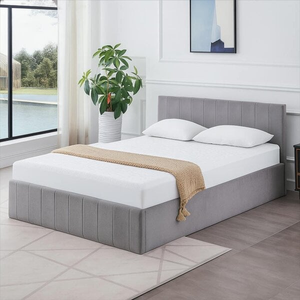 Kosy Koala Ottoman Bed Gas Lift Storage Grey 4ft Small Double and 1 Mattress Line Pattern Velvet Bedroom