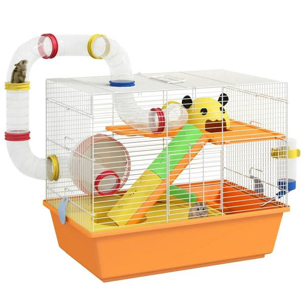 Orange wire gerbil cage with exercise wheel, ramps, and tube tunnels