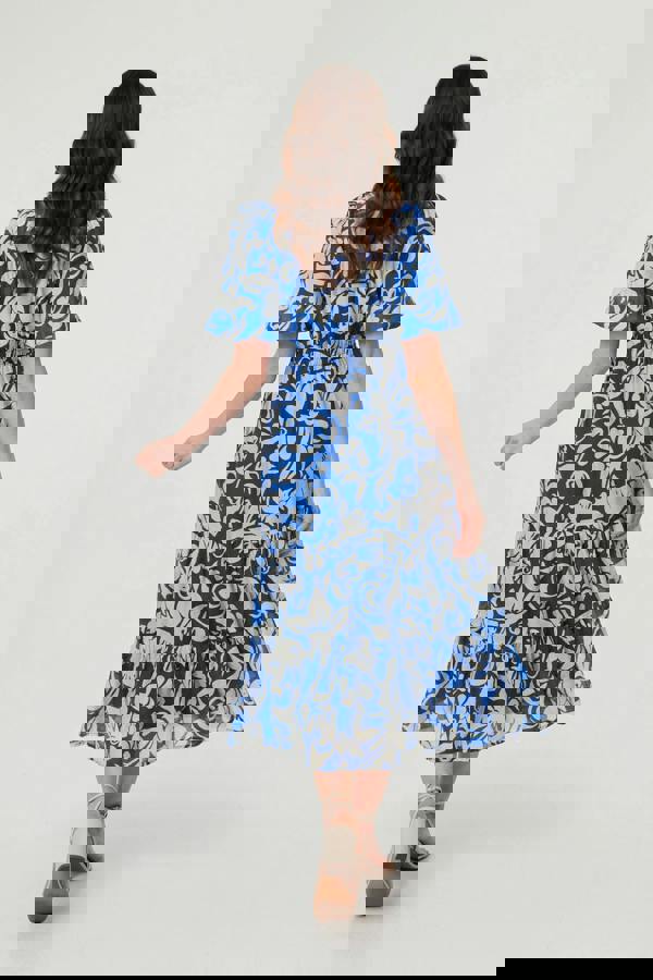 Blue | Floral Puff Sleeve Tiered Midi Dress