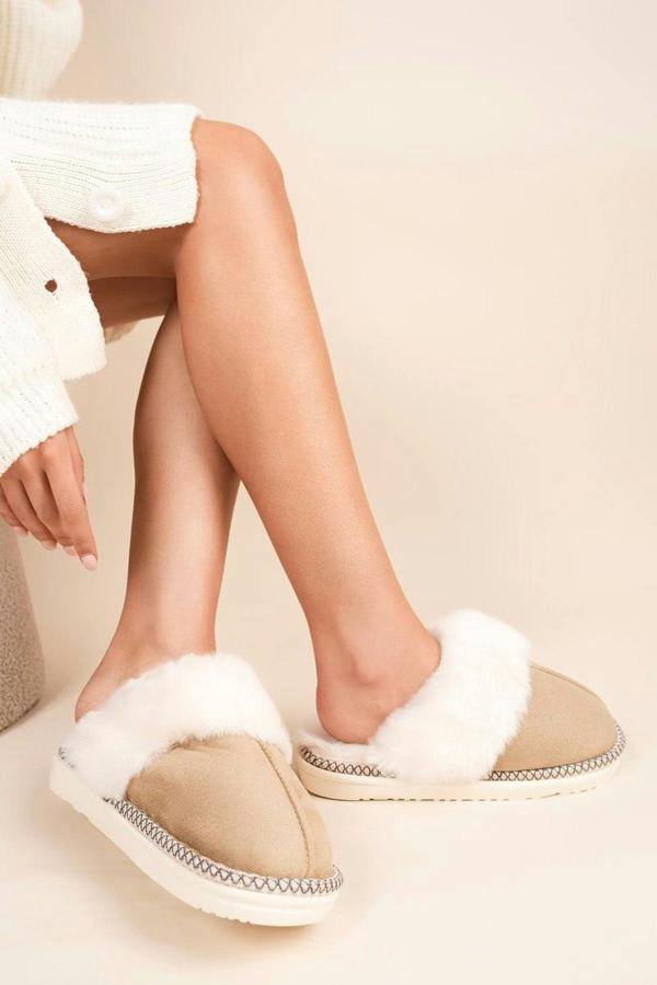 Kalia Faux Fur Lined Slip-on Flat Slippers - Beige