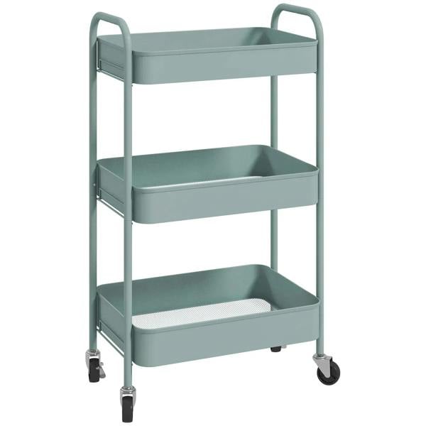 Light blue three-tier steel storage trolley with open shelves and four caster wheels