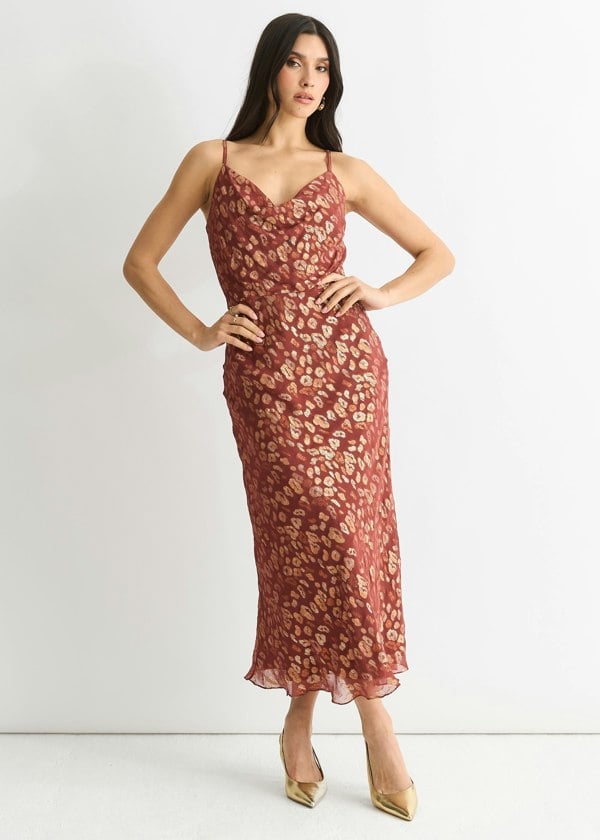 Gini London Brown Viscose Animal Jacquard Cowl Midi Dress