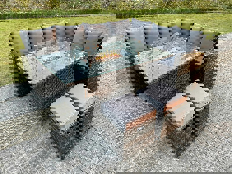 Fimous High Back Rattan Garden Furniture Sets Gas Fire Pit Dining Table Set Gas Heater Right Corner Sofa Small Footstools 8 Seater