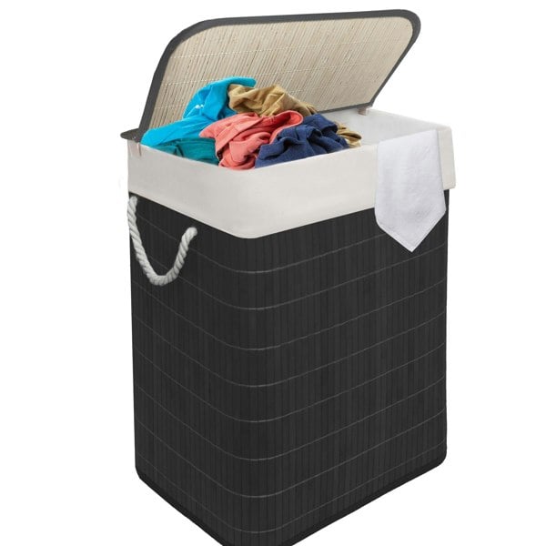 MANTRARAJ Bamboo Laundry Basket 105L Laundry Hamper with Lid Foldable Laundry Bin with 2 Compartments Black