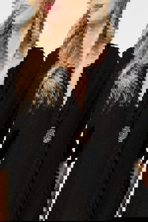 Black | Button Detail 1/2 Sleeve V-Neck Blouse
