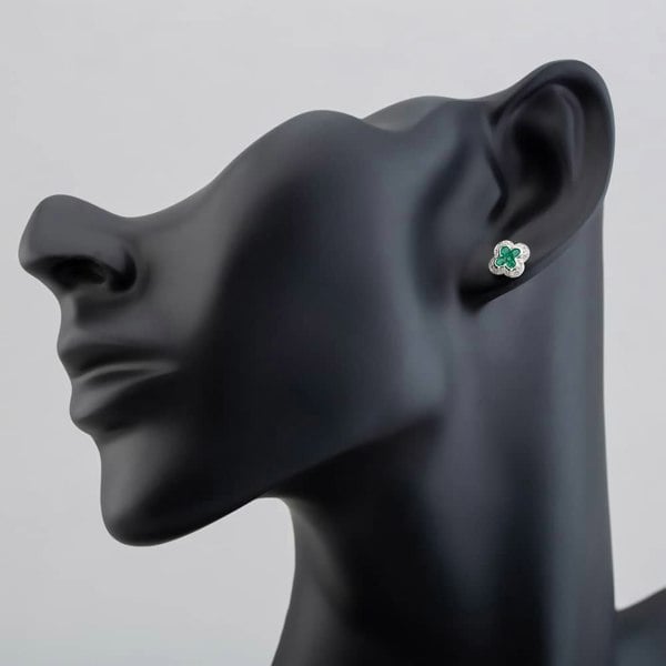 T. H. Baker 9ct White Gold Emerald and Diamond Quatrefoil Cluster Stud Earrings PE04942 EM