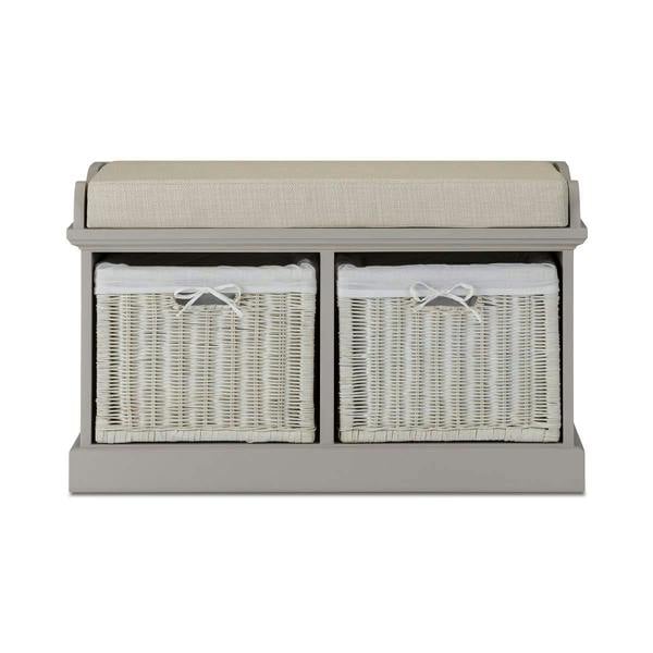 Statement Furniture Tetbury Bench with 2 White Wicker Baskets and Cushion Seat