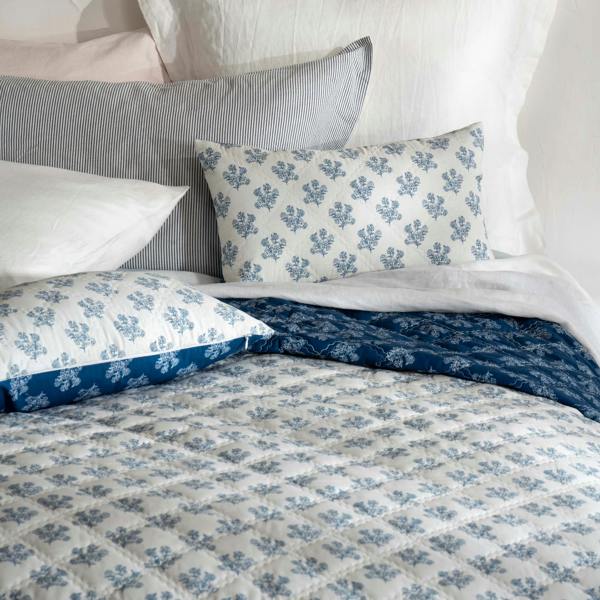 Midnight Blue Reversible Floral Print Bedspread - white, close-up detail 2 | Soak and Sleep