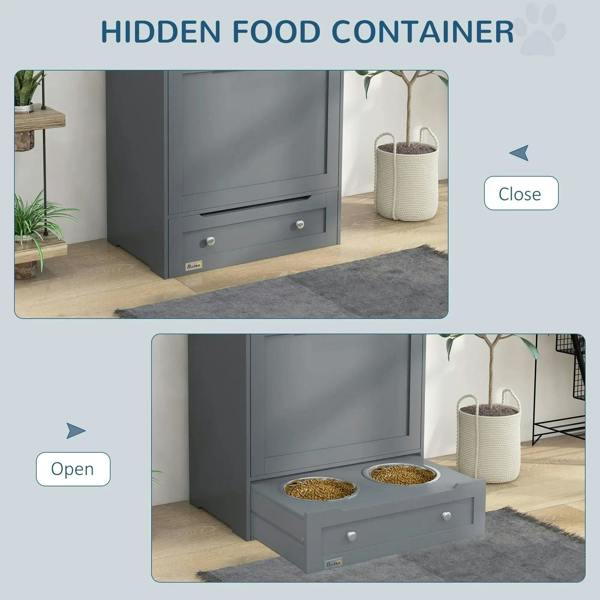 Grey pet feeder cabinet with hidden food compartment and raised bowls drawer