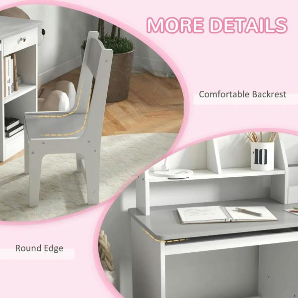 Kids chair with curved backrest next to white desk with open storage shelves