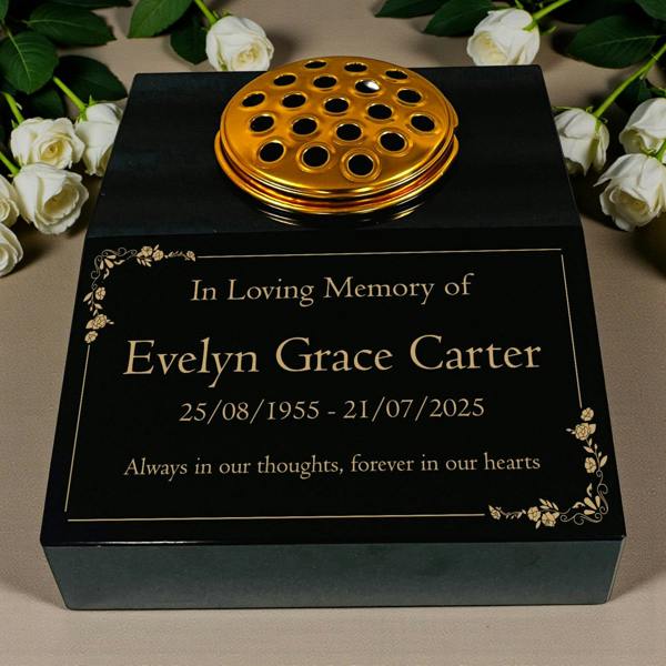 Memorials Direct Black Granite Sloping Memorial Desk with Vase – Floral Design, Free Gold Engraving